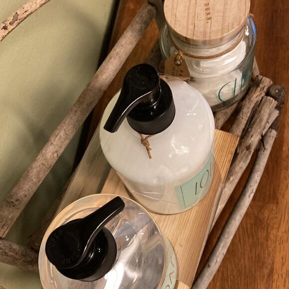 Rae Dunn Pump SOAP & LOTION on Wood Tray and CLEAN Cotton Pads Glass Jar Bundle - Picture 4 of 12